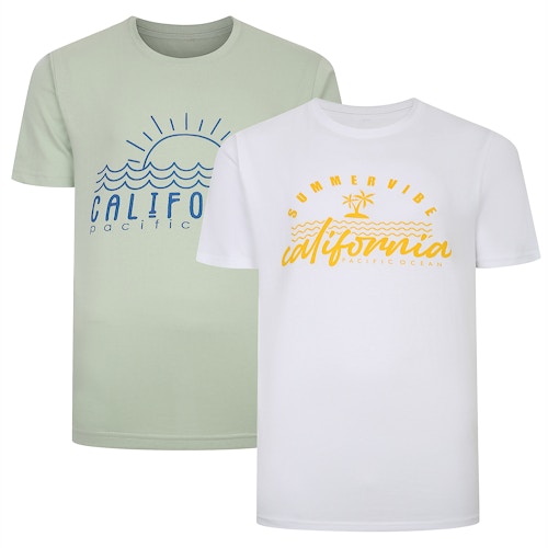 Bigdude California Print T-Shirts im Doppelpack Weiß/Hellgrün